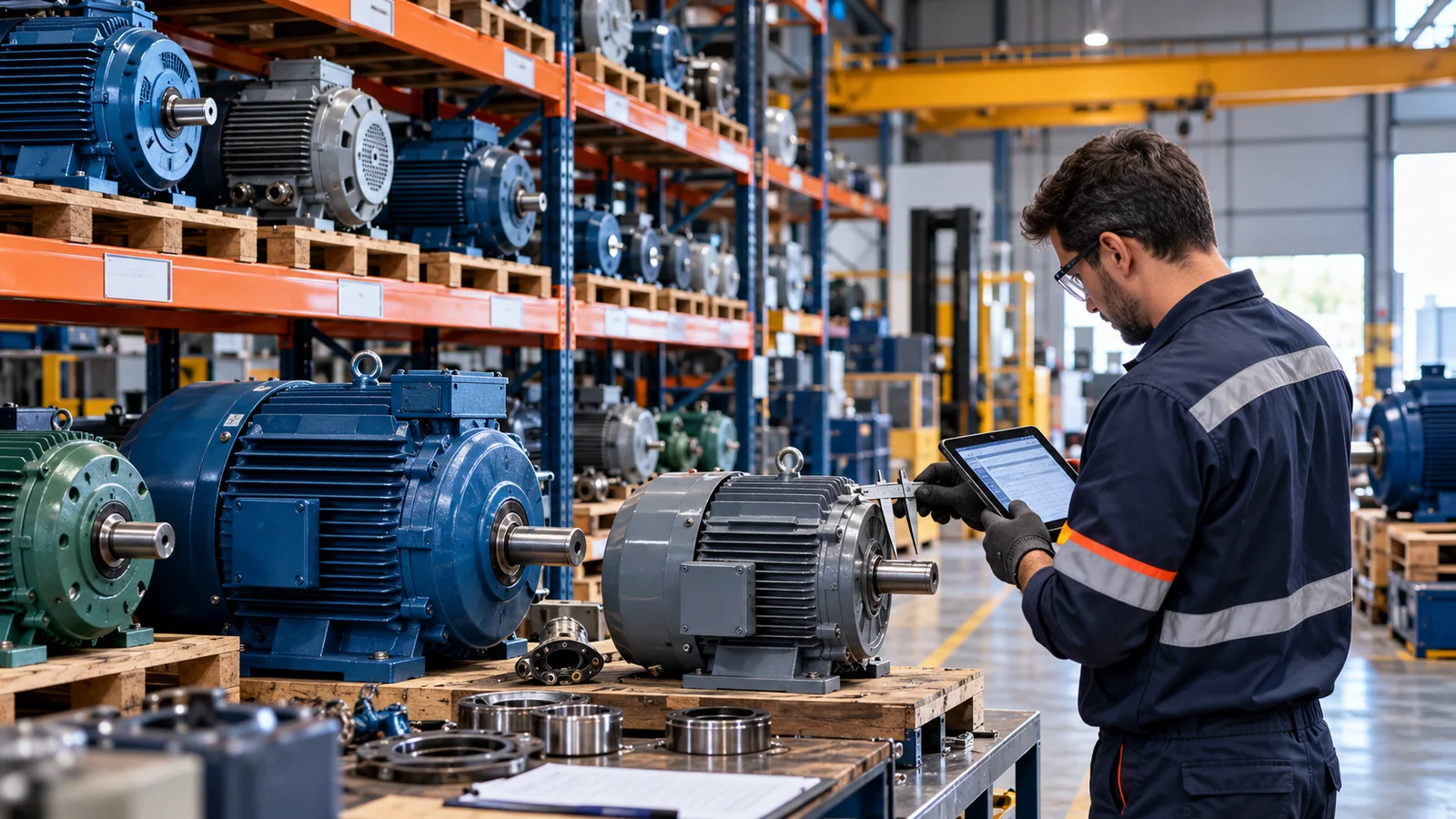 Profissional examinando motores em área industrial de reservas