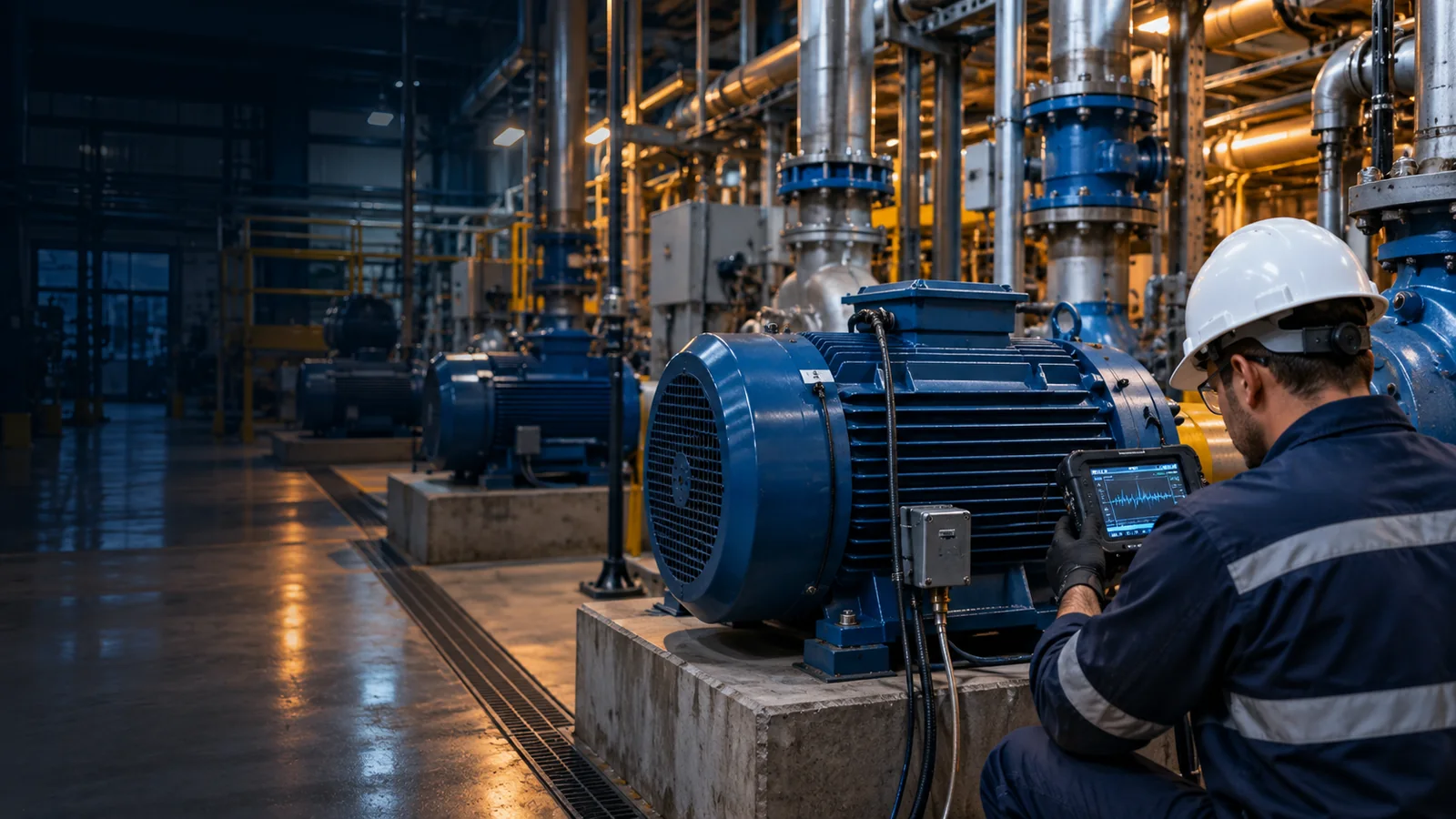 Técnico avaliando motor industrial em operação